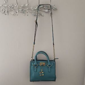 Melie Bianco Green Blue Vegan Leather Satchel Crossbody Handbag Brass Fittings